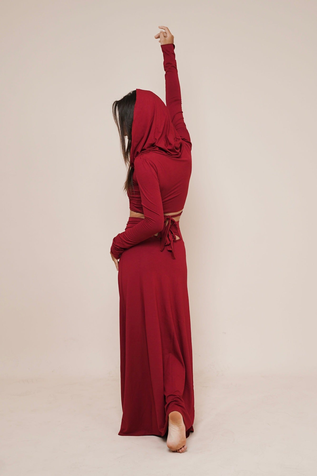 Sexy red skirt with bow in the back named Enchanted, combined with Elevated warp shirt hoodie by Bohemian Goddess I Color: Scarlett I www.bohemiangoddess.com