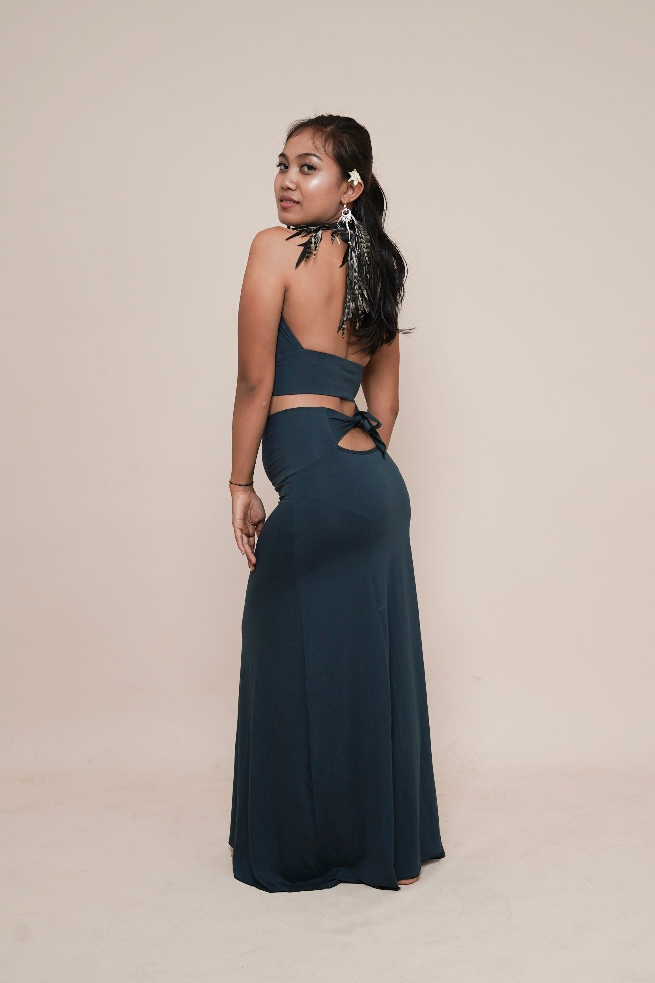 Comfortable extremely beautiful cute and flirty skirt with back-bow combined with Inspire halter top by Bohemian Goddess I Color: Dark teal I www.bohemiangoddess.com