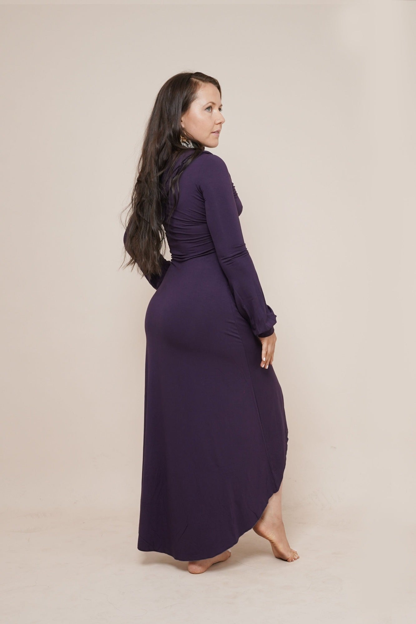 Long dress with long puffy sleeves and removable hood named Mystic in color plum by Bohemian Goddess.
