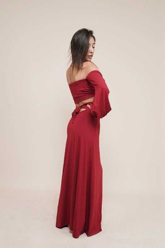 Beautiful skirt with bow in the back and adjustable waist line paired with Liberate off shoulder puffy sleeve top by Bohemian Goddess I Color: Scarlett I www.bohemiangoddess.com