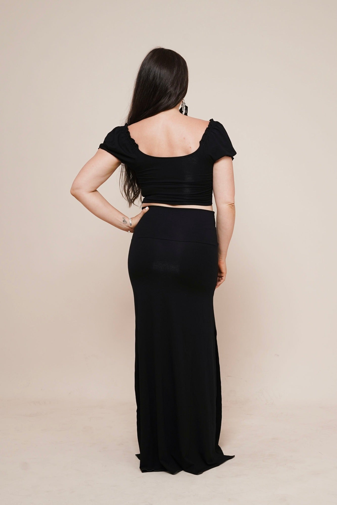 Harmony skirt with sidecuts & Self-love puffy sleeve top by Bohemian Goddess I Color: Black I www.bohemiangoddess.com
