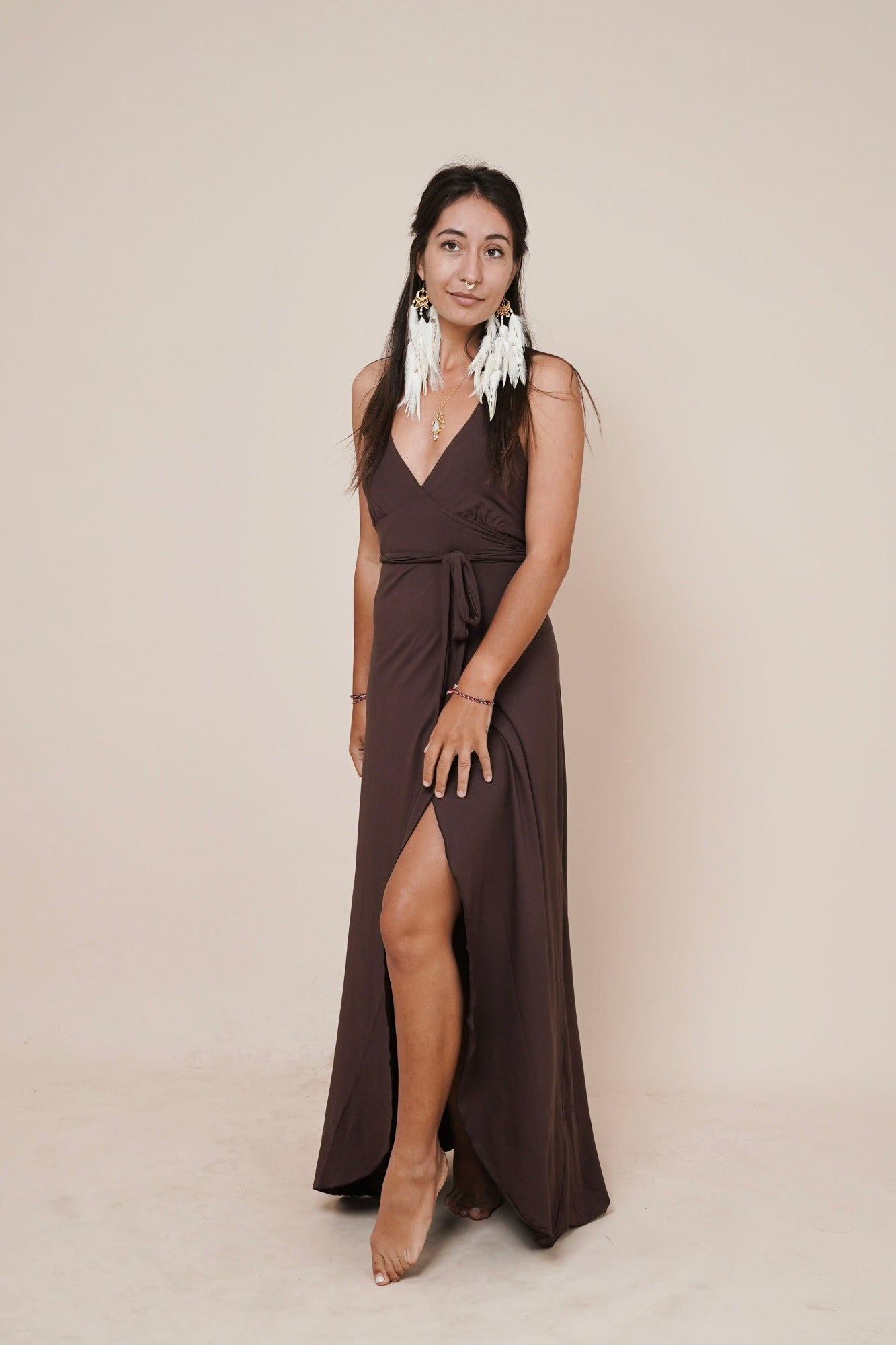Gorgeous feminine long maxi wrap around dress by Bohemian Goddess I Color: Chocolate I www.bohemiangoddess.com