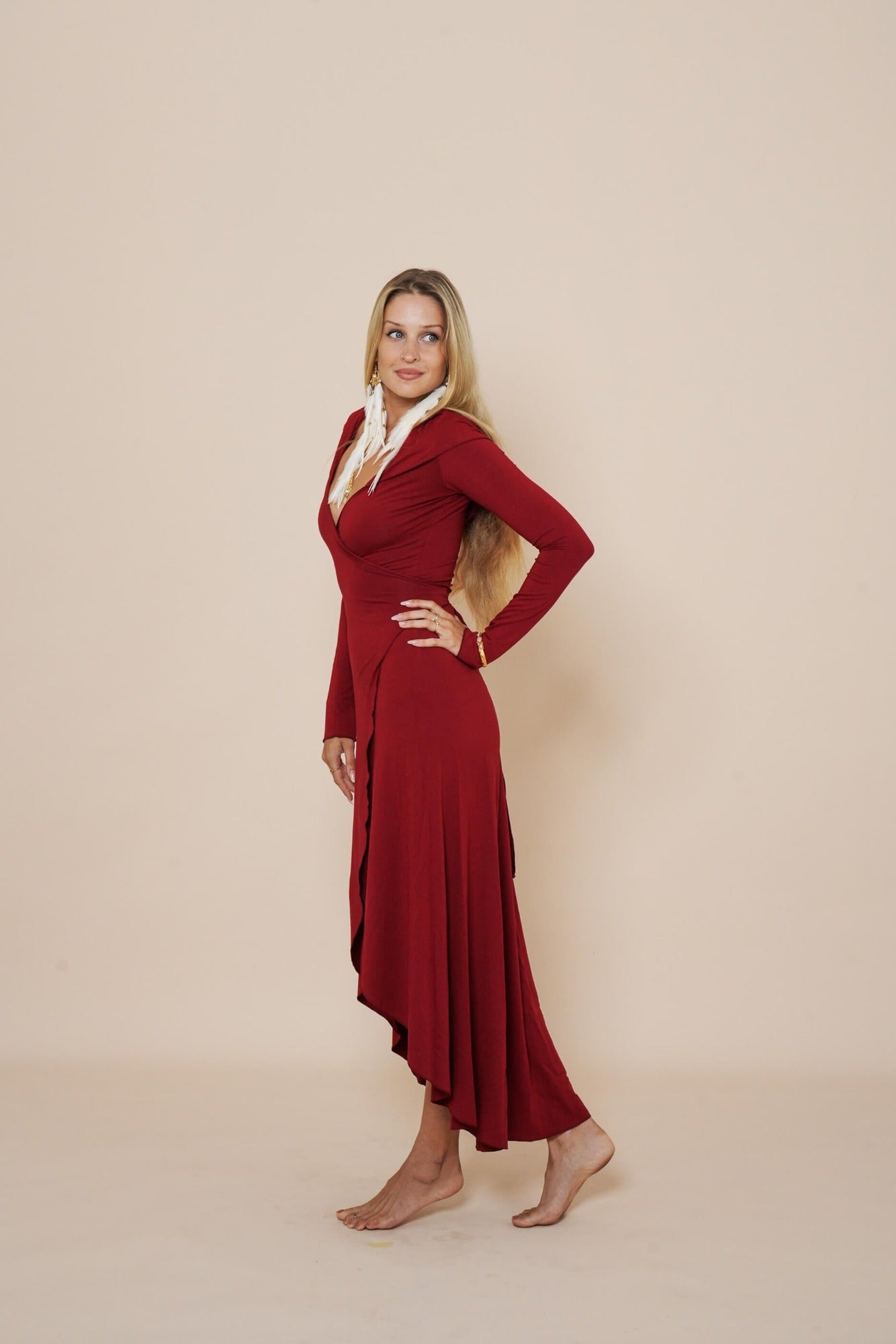 Beautiful long wrap around dress with hood in color scarlet red.