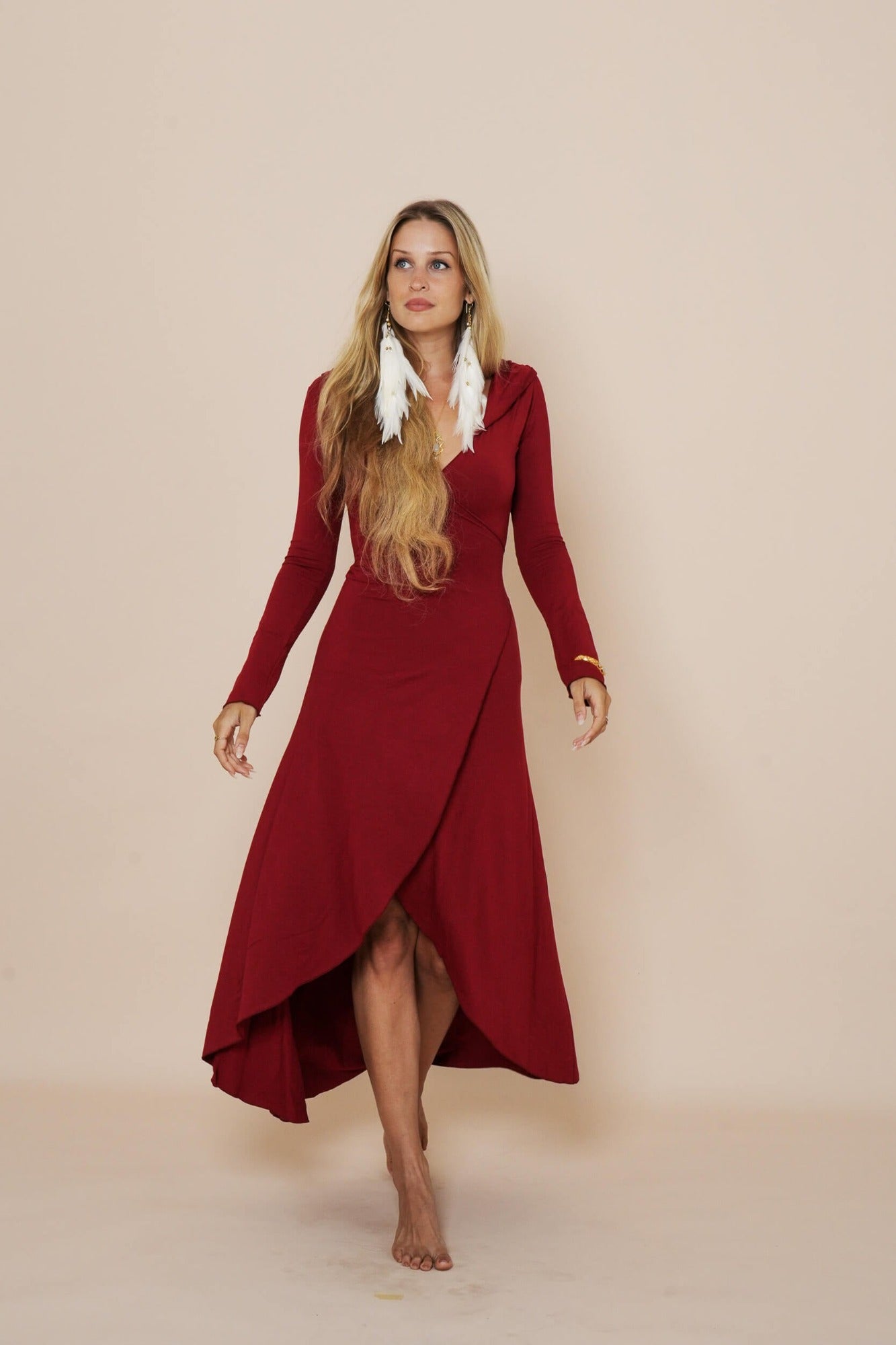 Beautiful long wrap around dress with hood in color scarlet red.