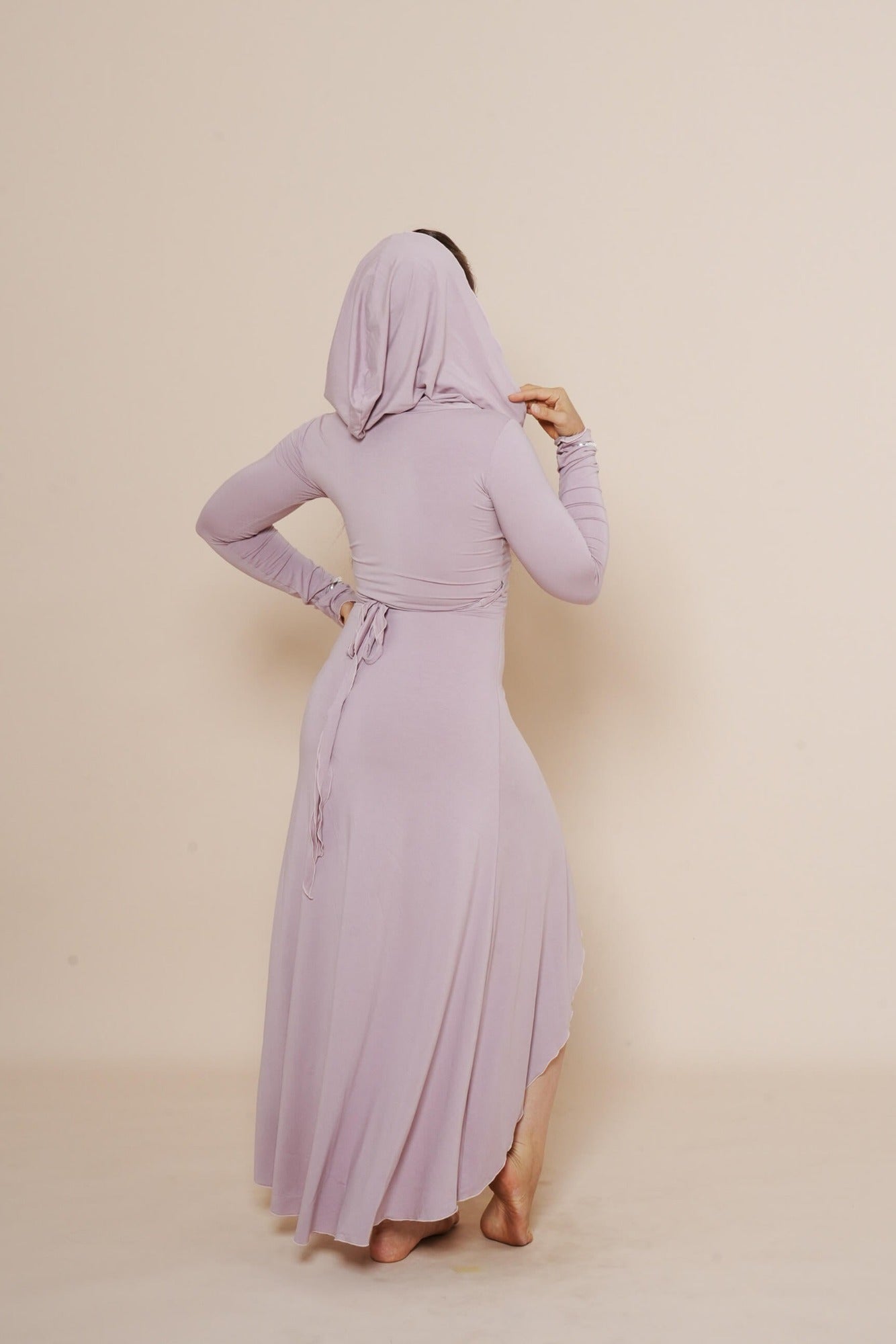 Beautiful long wrap around dress with hood in color rosewood.