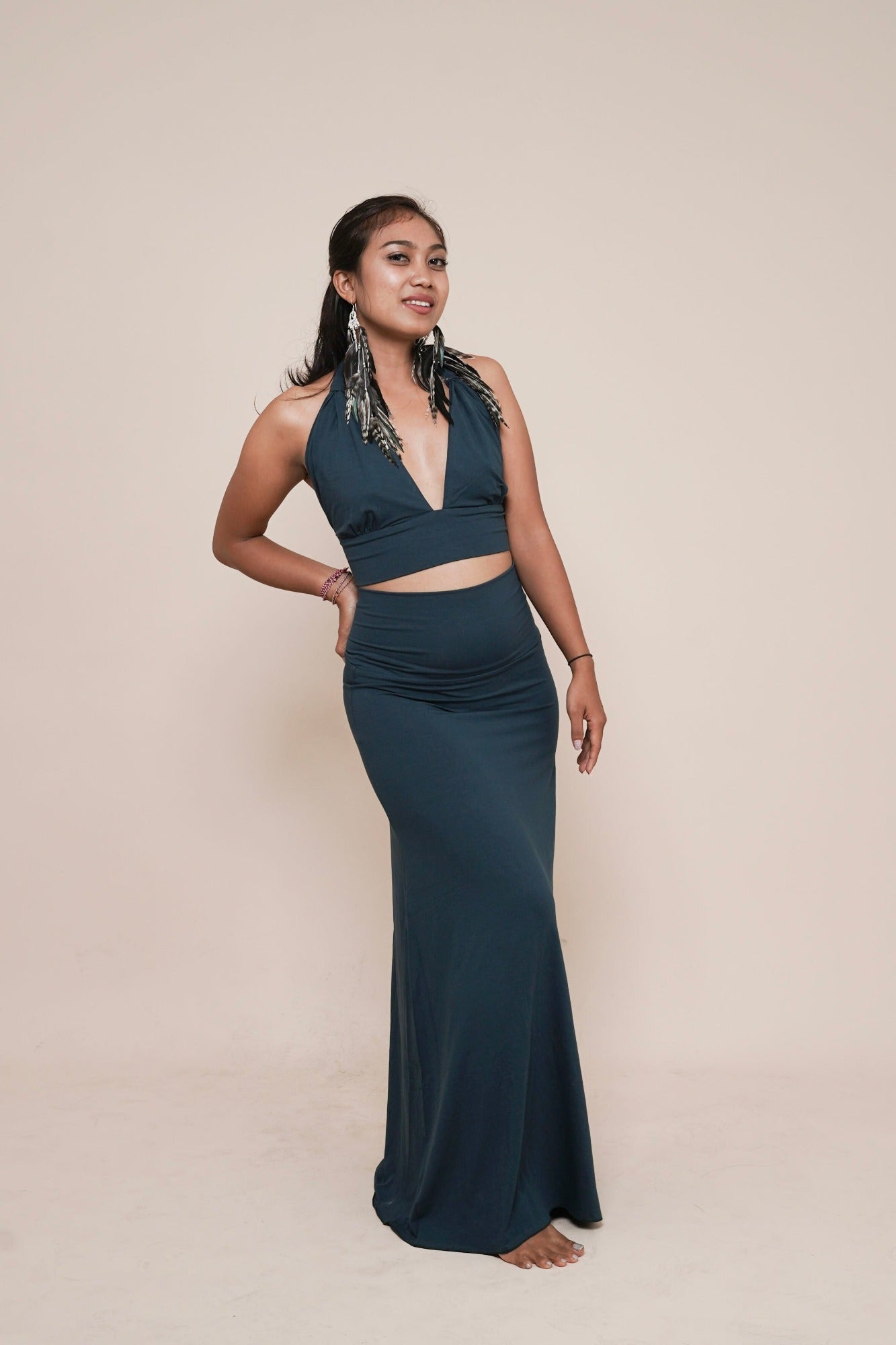 Designer women's fashion by Bohemian Goddess. Short halter top named Inspire paired with our Enchanted - high waist skirt with bow by Bohemian Goddess I Color: Dark teal I www.bohemiangoddess.com