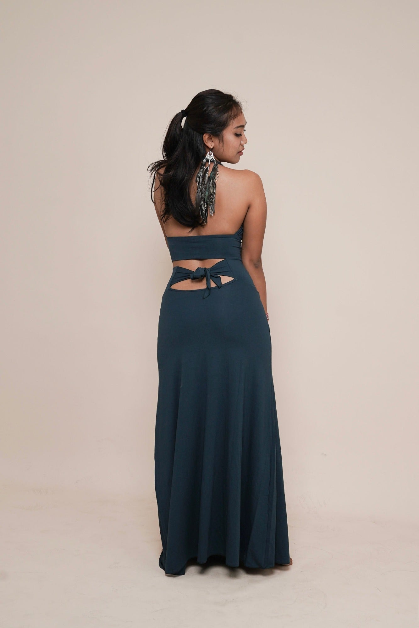 Women's goddess clothing by Bohemian Goddess. Short halter top named Inspire paired with our Enchanted - high waist skirt with bow by Bohemian Goddess I Color: Dark teal I www.bohemiangoddess.com