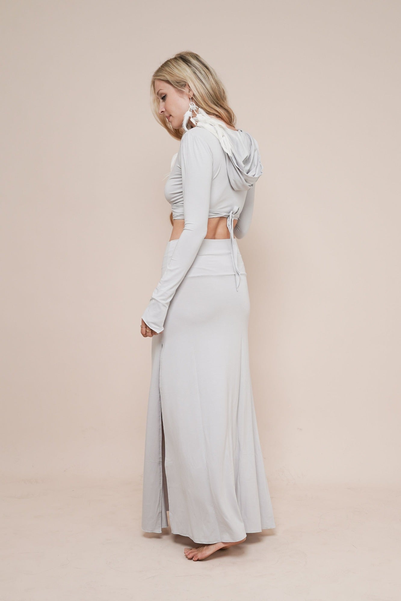 Elevated - Wrap shirt long sleeved with hoodie & Harmony - Skirt hoodie by Bohemian Goddess I Color: Silver Grey I www.bohemiangoddess.com