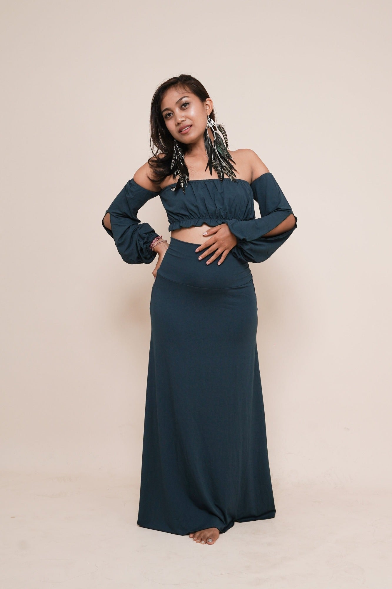 Cute off shoulder puffy sleeve boho top paired with Enchanted high waist skirt with cute back-bow in color dark teal. Women's fashion and adornments for goddesses by Bohemian Goddess