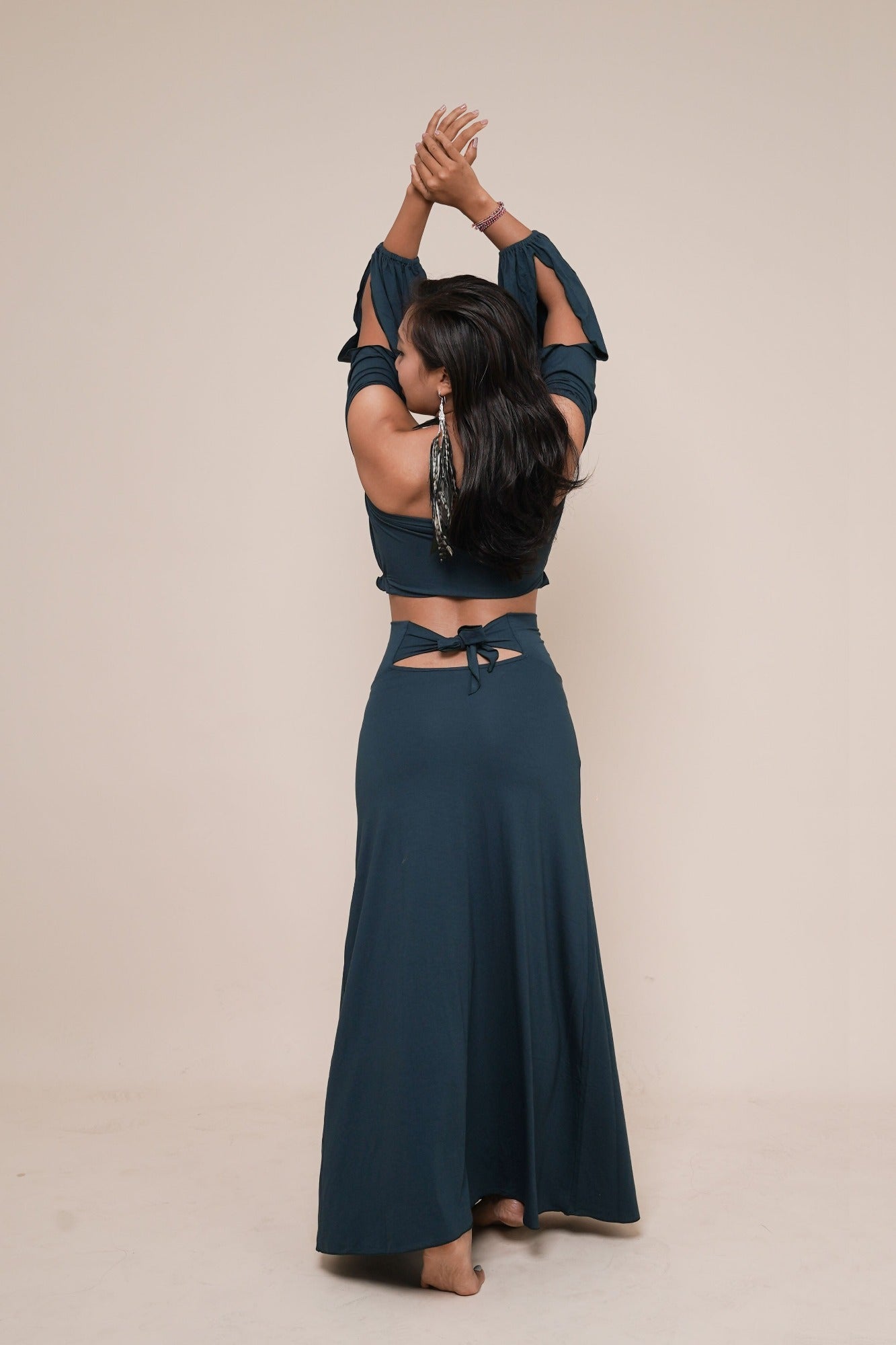 Cute off shoulder puffy sleeve boho top paired with Enchanted high waist skirt with cute back-bow in color dark teal. Women's fashion and adornments for goddesses by Bohemian Goddess