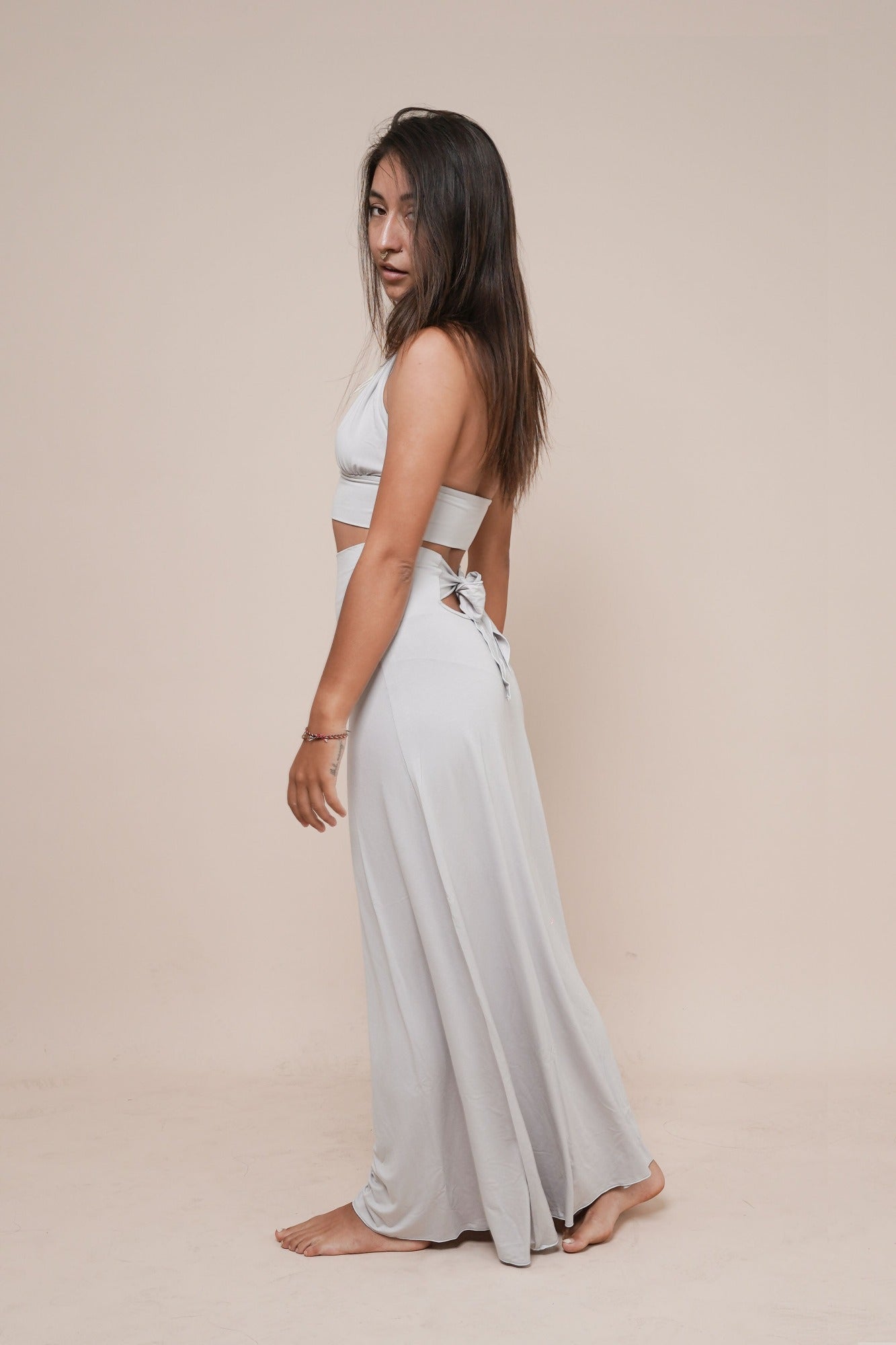 Short halter top named Inspire paired with our Enchanted - high waist skirt with bow by Bohemian Goddess I Color: Silver grey I www.bohemiangoddess.com