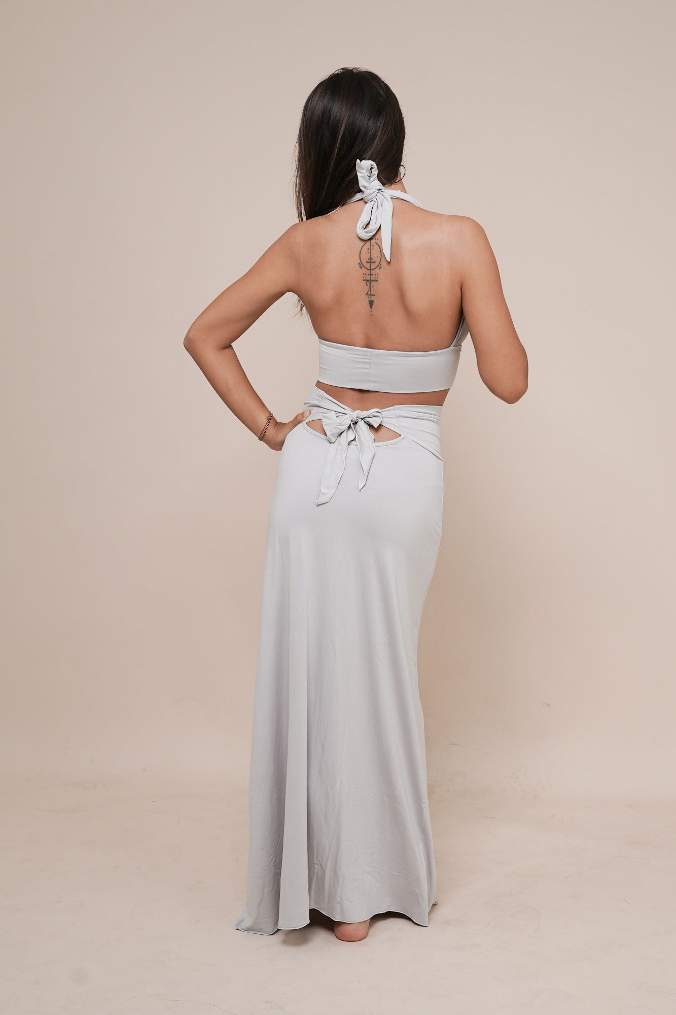 Inspire - Short halter top & Enchanted - skirt with bow. Goddess clothing, women's fashion by Bohemian Goddess I Color: Silver grey I www.bohemiangoddess.com