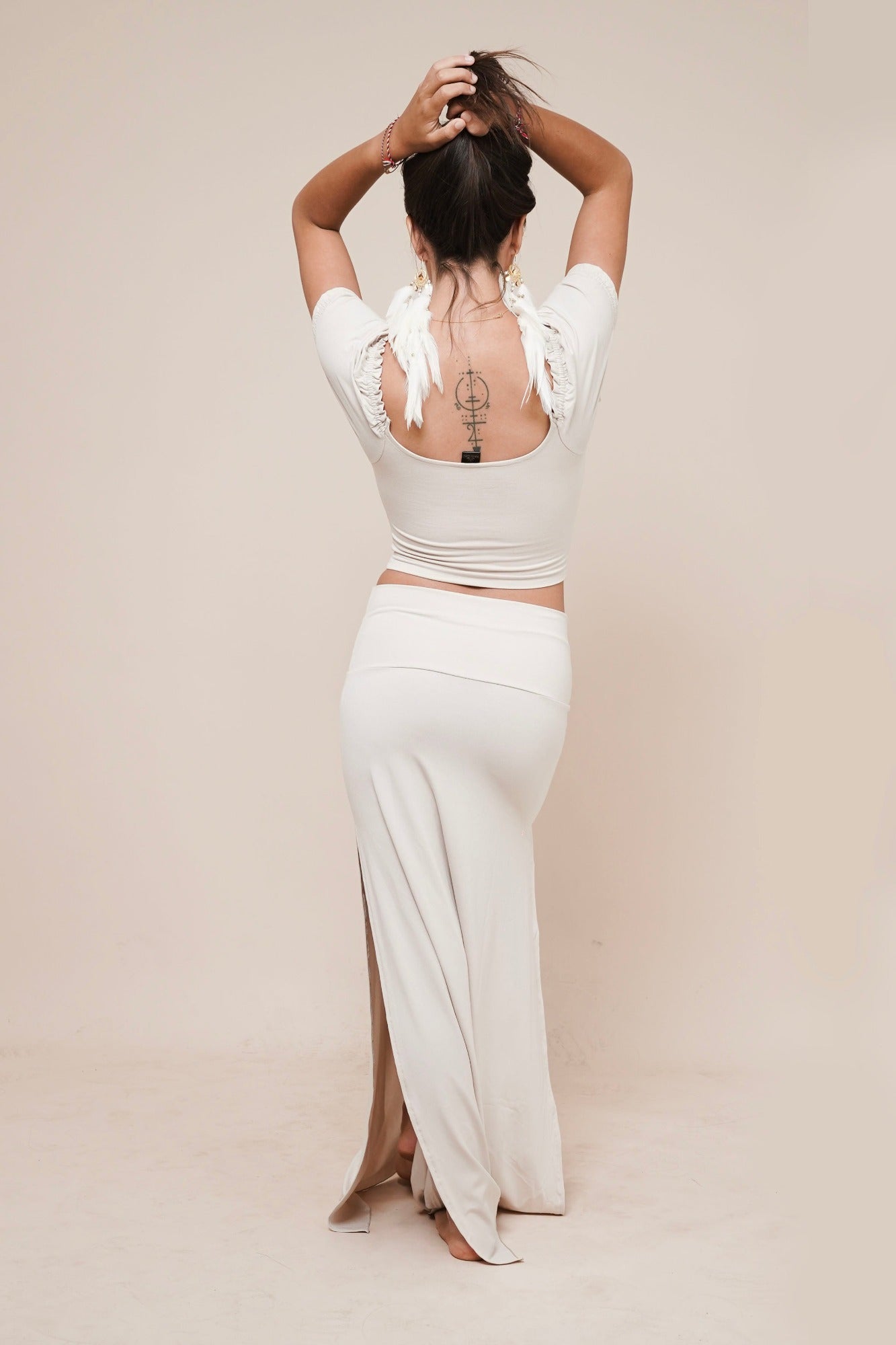Harmony skirt with sidecuts & Self-love puffy sleeve top by Bohemian Goddess I Color: Winter white I www.bohemiangoddess.com