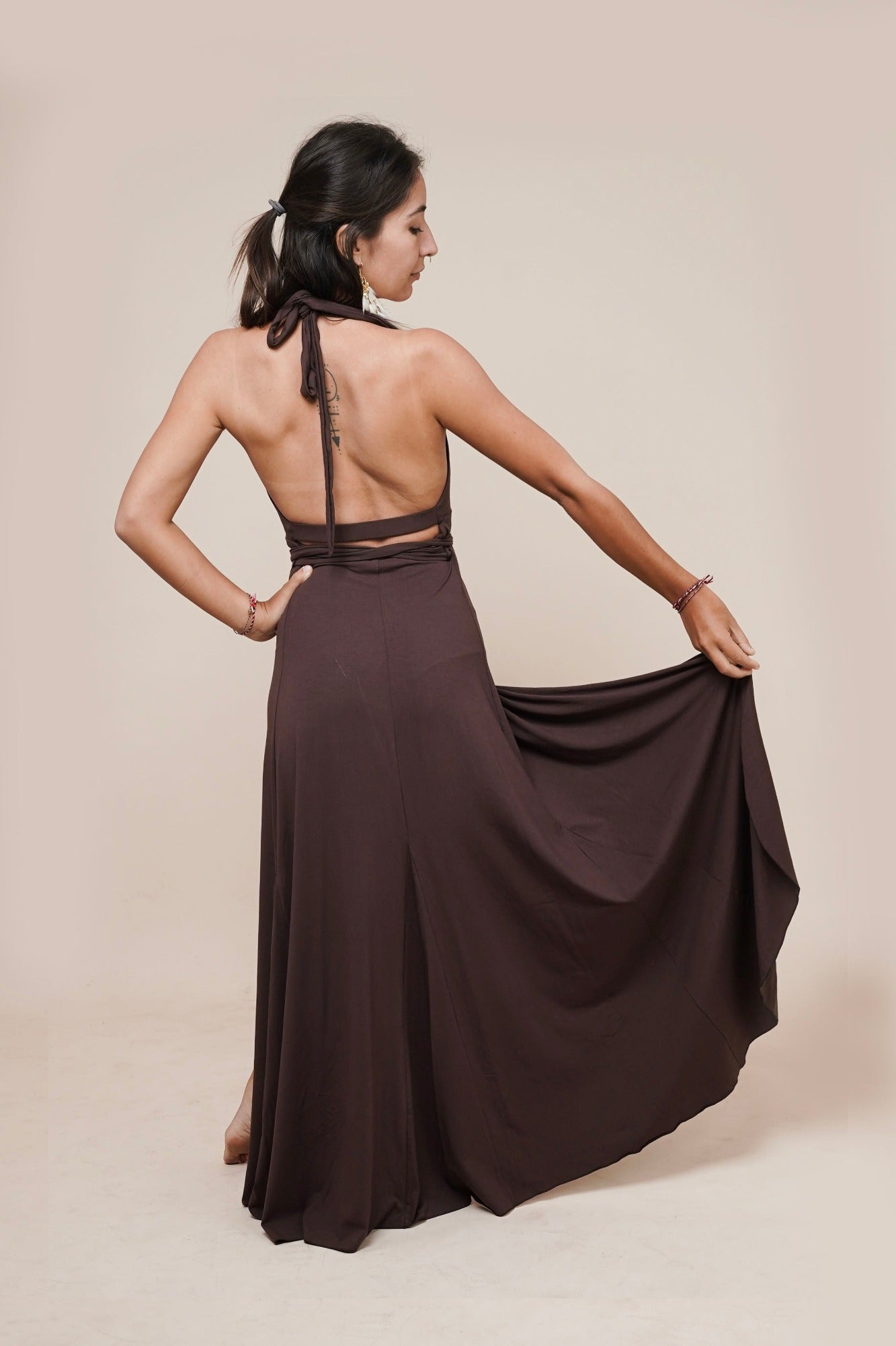 Blossom - Long maxi wrap around halter dress by Bohemian Goddess I Color: Chocolate I www.bohemiangoddess.com