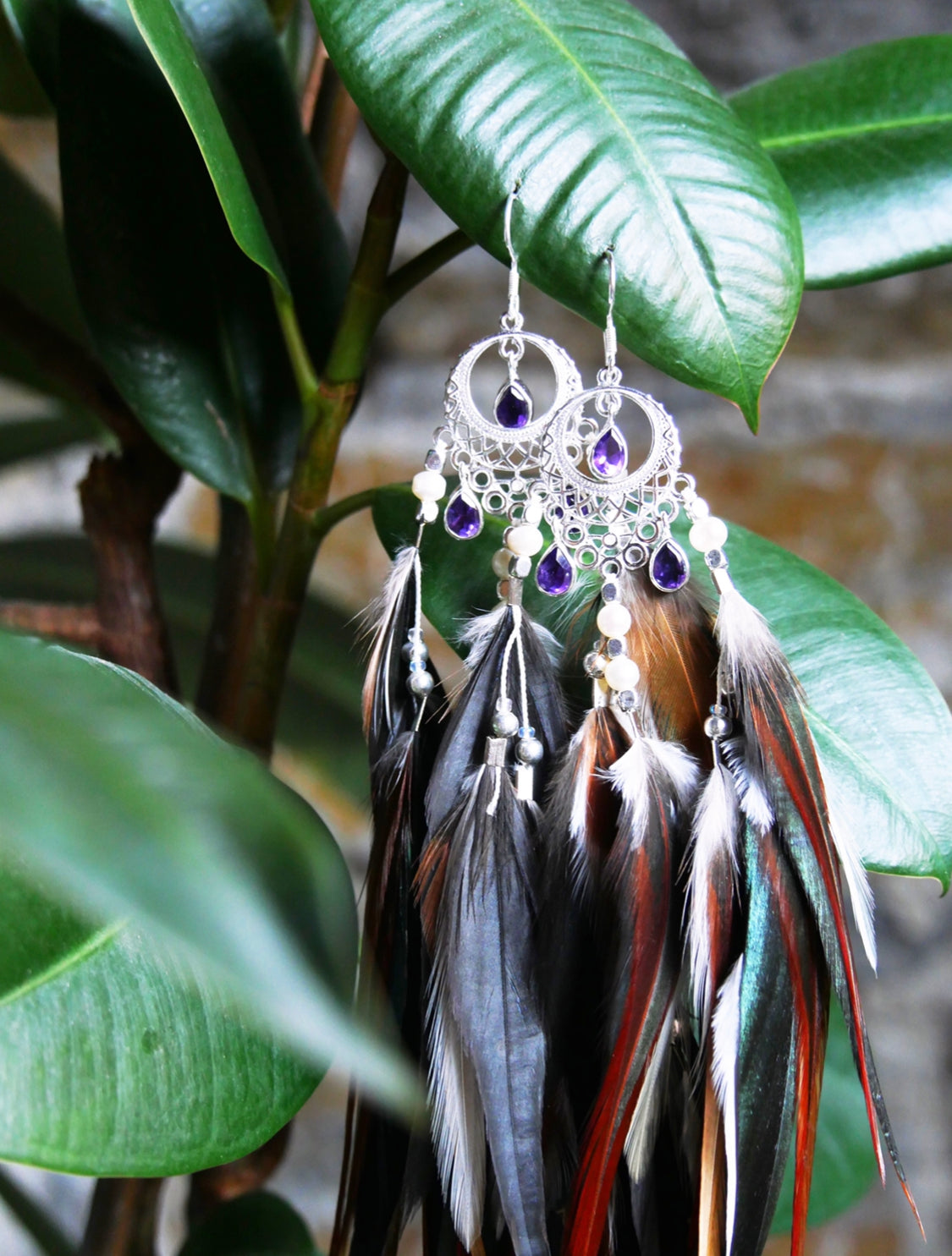 Connected To My Highest Self amethyst feather earrings with silver moon charm closeup