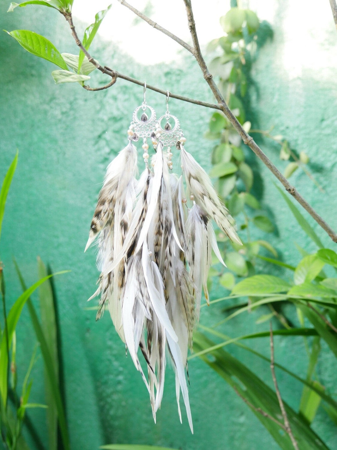 Bohemian Goddess Love Notes To My Soul - Rose Quartz Feather Earrings Long