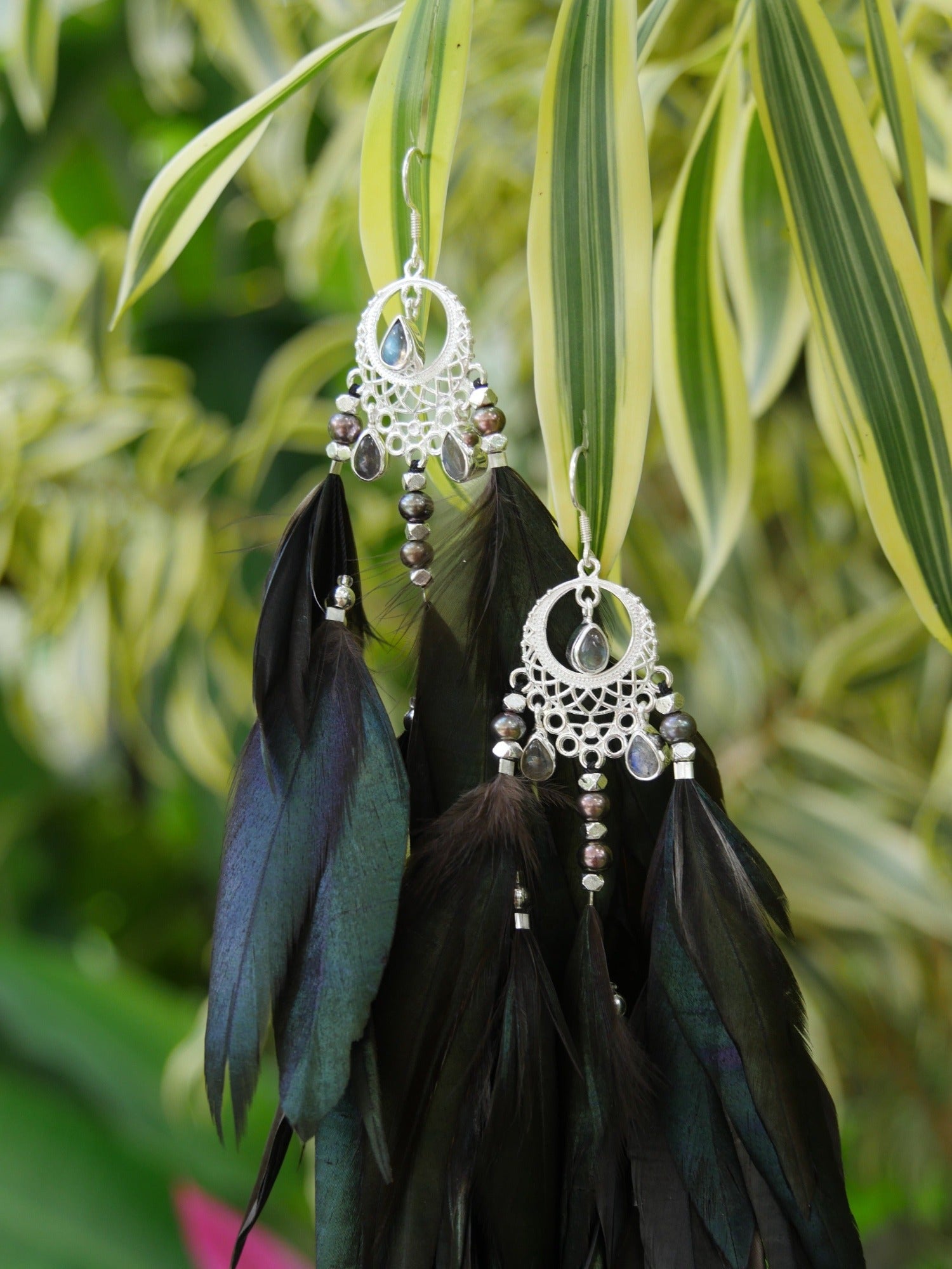 Bohemian Goddess I Feather Jewelry I My intuition is my superpower - Labradorite feather earrings