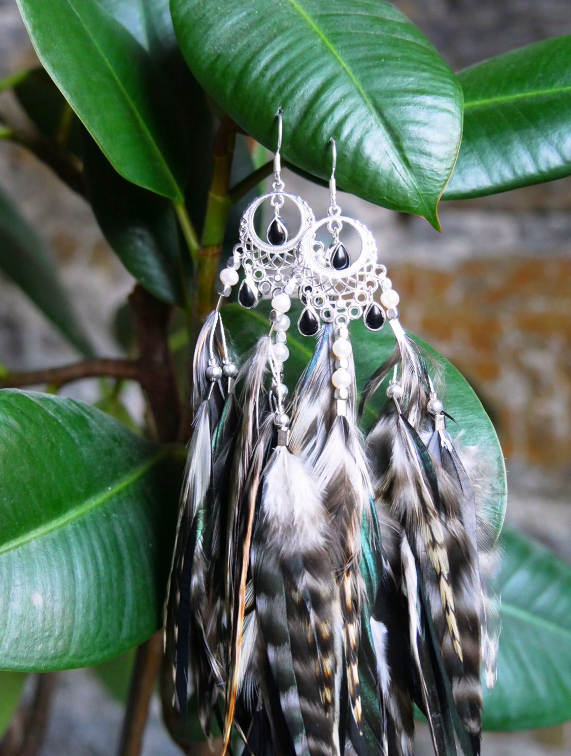 Onyx crystal feather earrings with silver moon charm