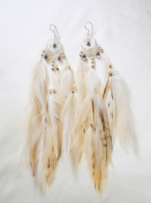 Rose quartz crystal feather earrings with silver moon charm