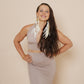 Mermaid - skirt in color taupe, with Inspire top, combined with Citrine earrings, and I am divine - Moonstone necklace in gold plated silver.