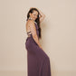 Beautiful long halter dress, with a side cut in eggplant.