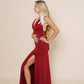 Beautiful long halter dress, with a side cut in scarlet.