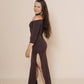 Off shoulder long dress with side cuts and 3/4 sleeves in color chocolate.