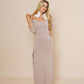 Off shoulder long dress with side cuts and 3/4 sleeves in color taupe.