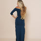 Off shoulder long dress with side cuts and 3/4 sleeves in color dark teal.