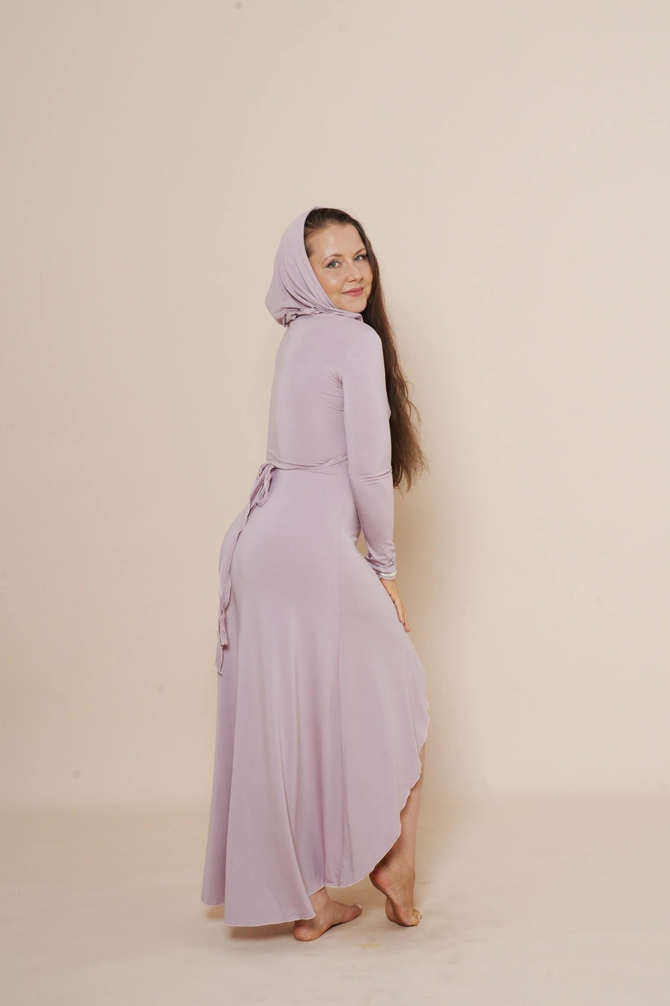 Beautiful long wrap around dress with hood in color rosewood.