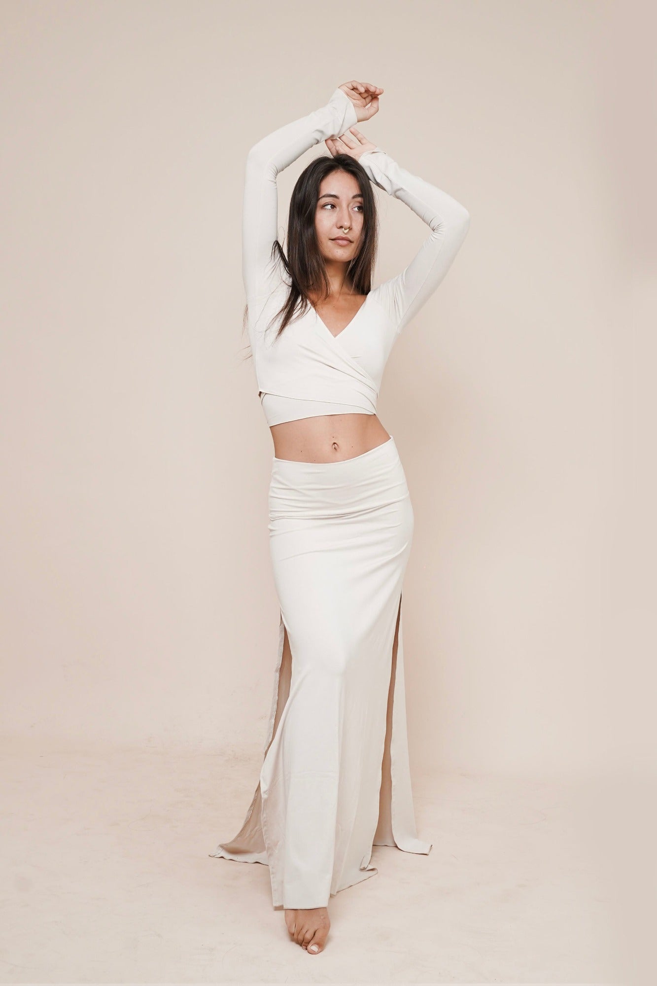 Charm off-shoulder wrap shirt styled with Harmony skirt in winter white front