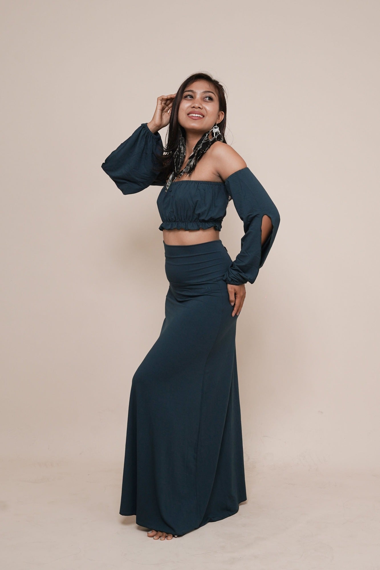 Cute off shoulder puffy sleeve boho top paired with Enchanted high waist skirt with cute back-bow in color dark teal. Women's fashion and adornments for goddesses by Bohemian Goddess