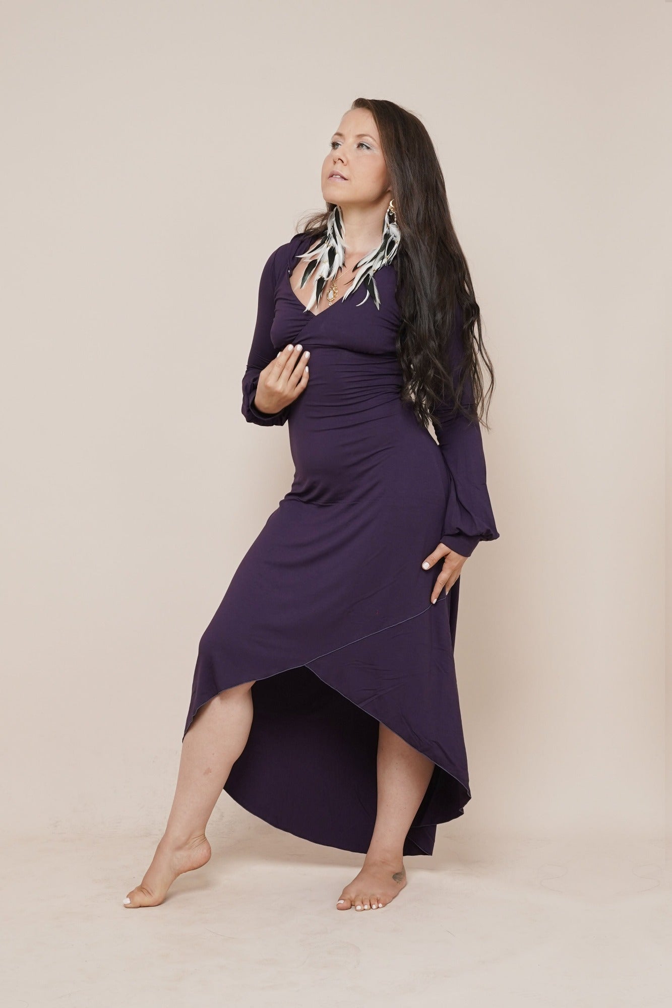 Long dress with long puffy sleeves and removable hood named Mystic in color plum by Bohemian Goddess.