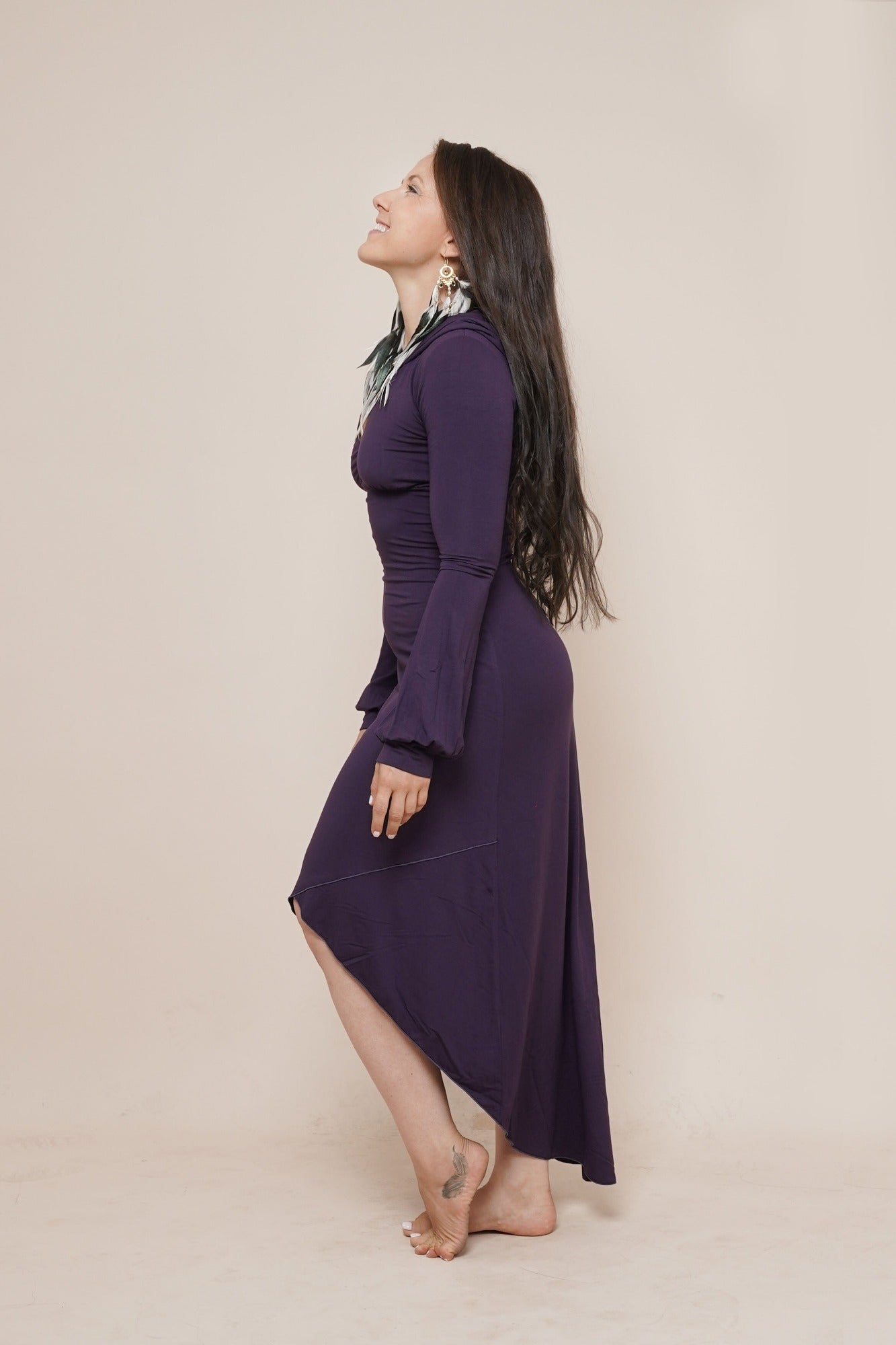 Long dress with long puffy sleeves and removable hood named Mystic in color plum by Bohemian Goddess.
