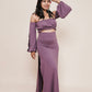 Sexy and cute off shoulder puffy sleeve boho top paired with Harmony high waist skirt with sidecuts in color eggplant. Women's fashion and adornments for goddesses by Bohemian Goddess