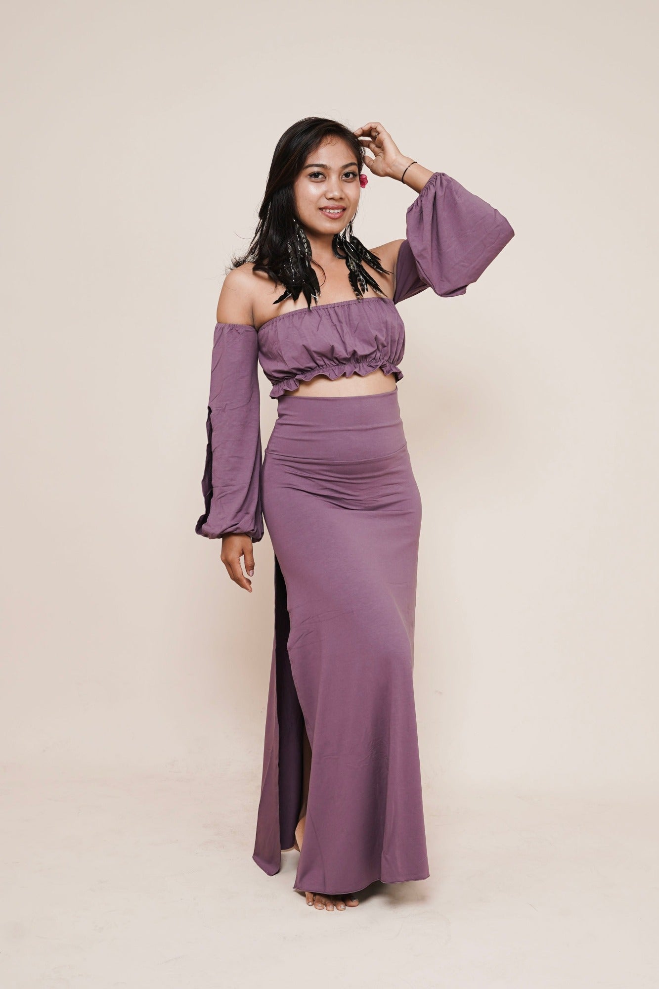 Sexy and cute off shoulder puffy sleeve boho top paired with Harmony high waist skirt with sidecuts in color eggplant. Women's fashion and adornments for goddesses by Bohemian Goddess