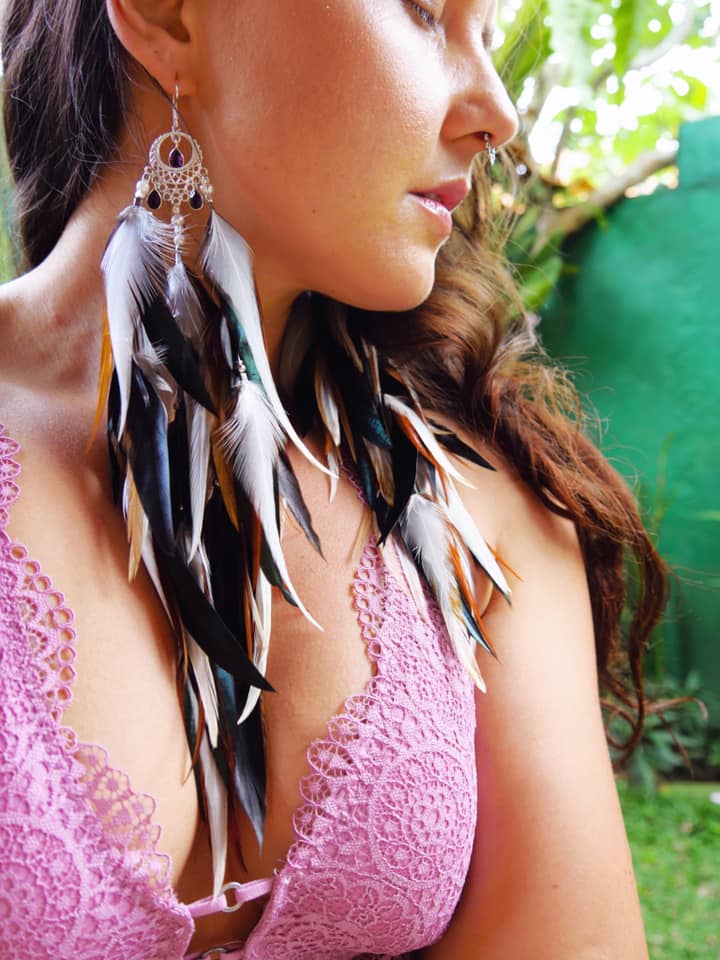 Bohemian Goddess Connected To My Highest Self - Amethyst Feather earrings long