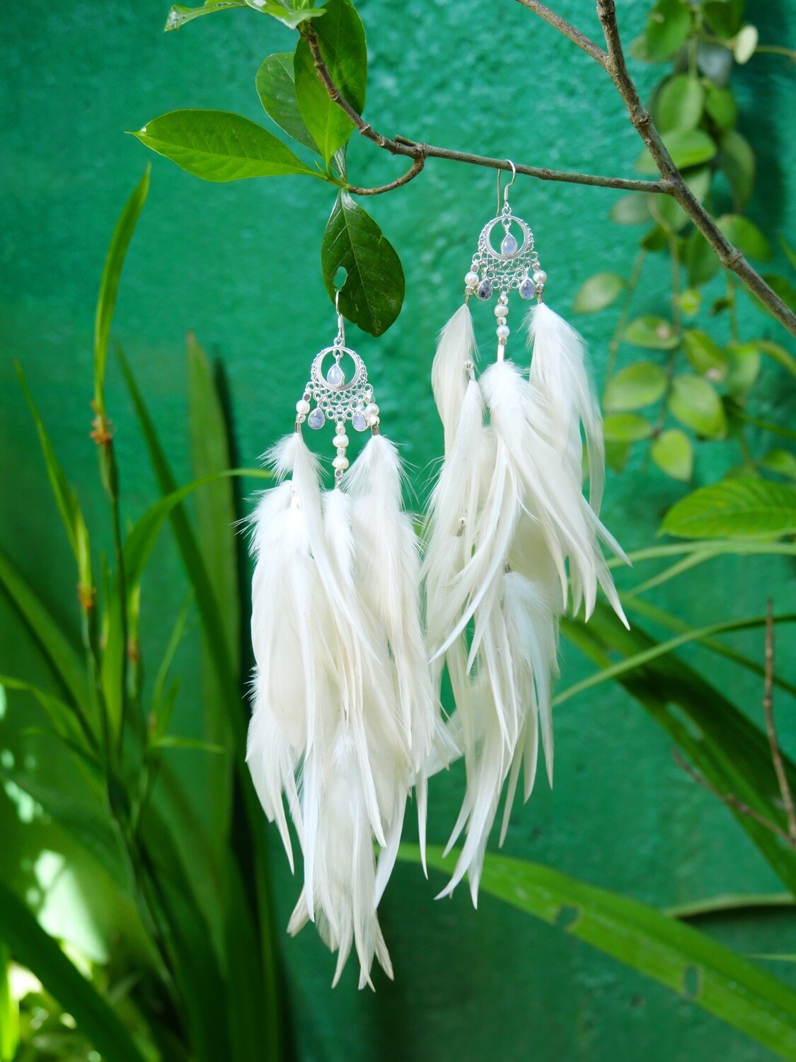 Bohemian Goddess My Feminine Essence - Moon Stone Feather Earrings