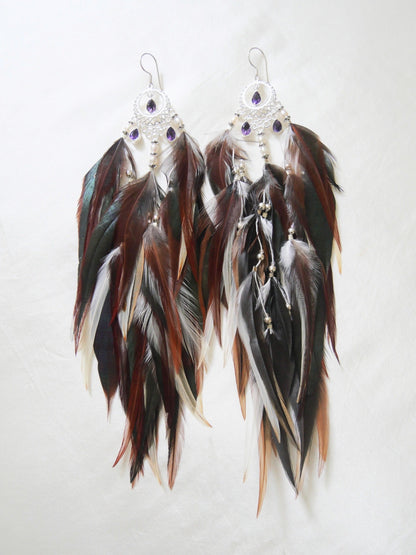Connected To My Highest Self amethyst feather earrings with silver moon charm short design