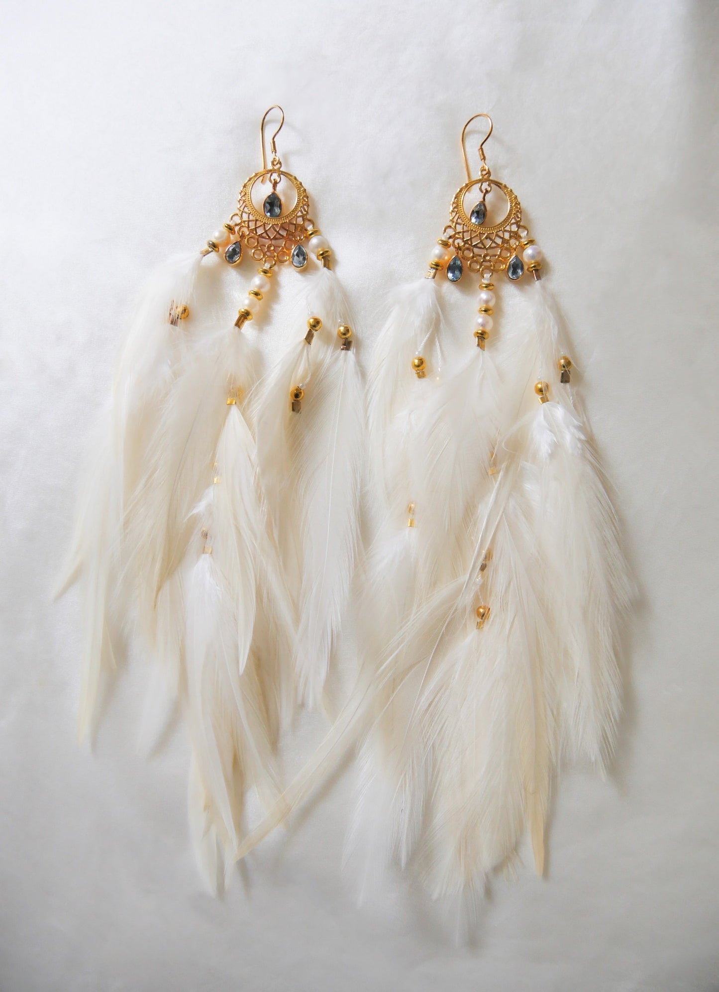 Short My Truth Sets Me Free blue topaz white feather earrings with gold plated moon charm 