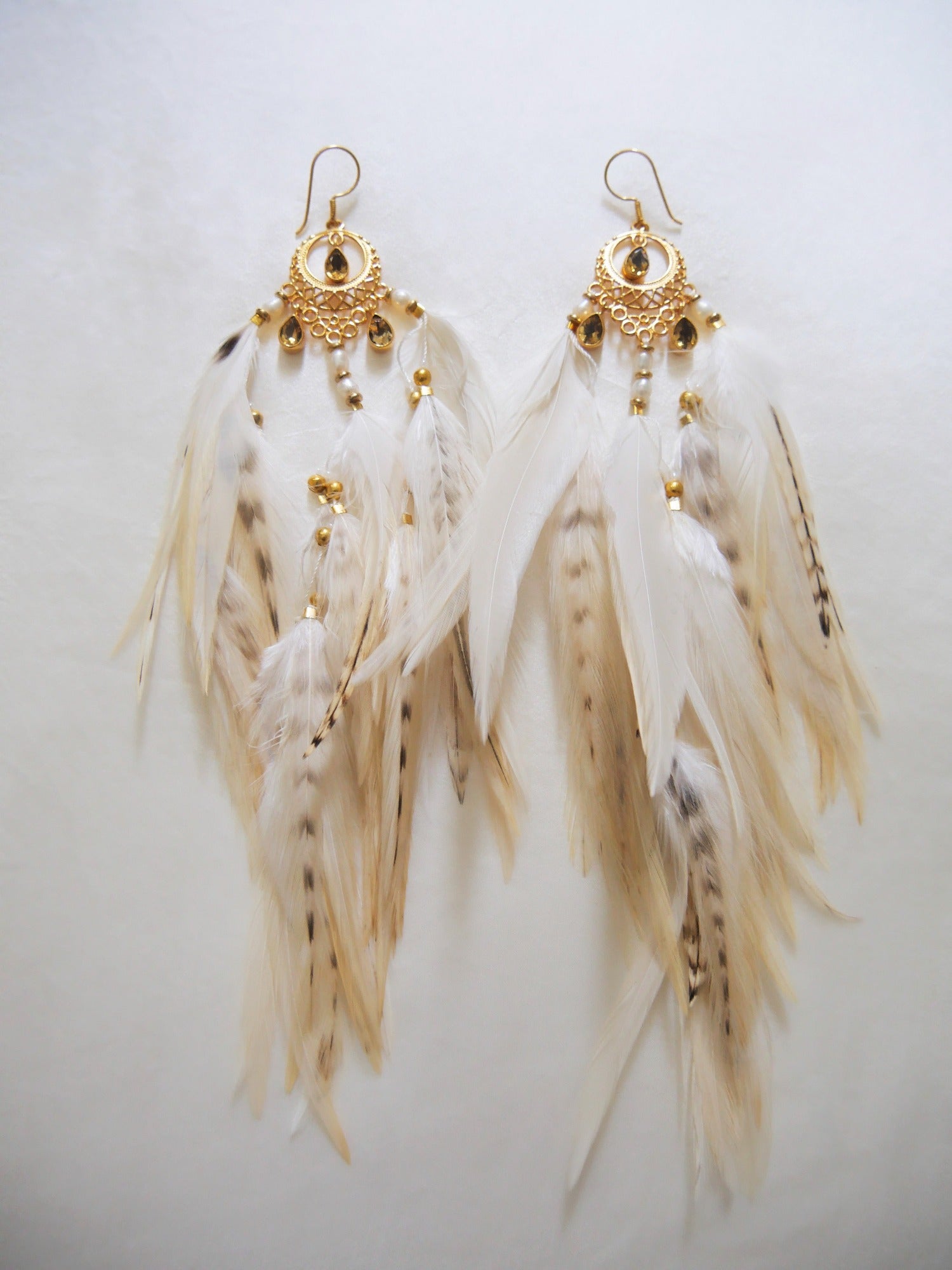My Inner Burning Fire short citrine feather earrings with goldplated moon charm
