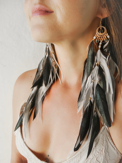 Gaia green quartz feather earrings with gold moon charm — earth mother goddess jewelry.