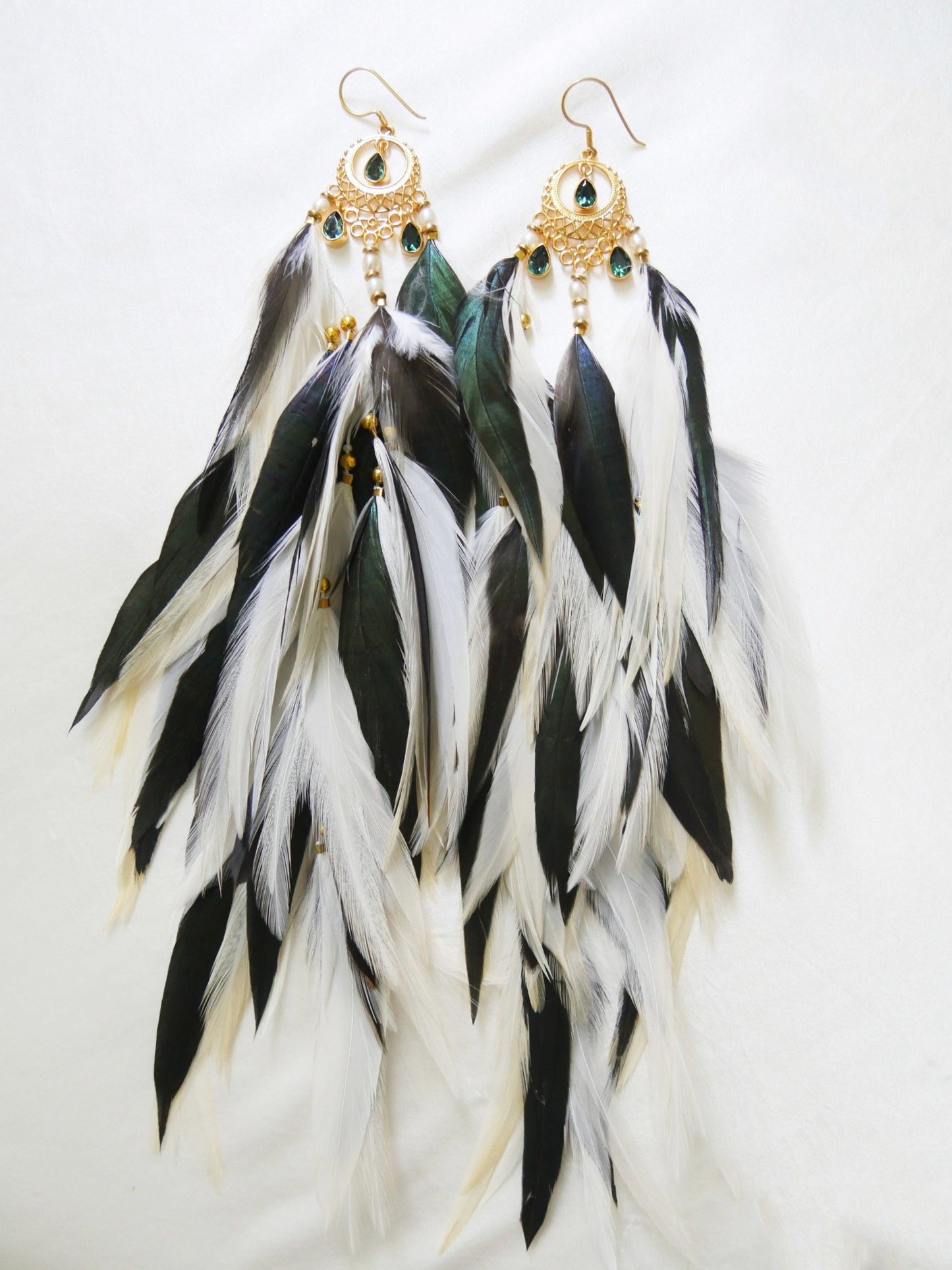 Bohemian Goddess - Gaia - Green Quartz Feather Earrings