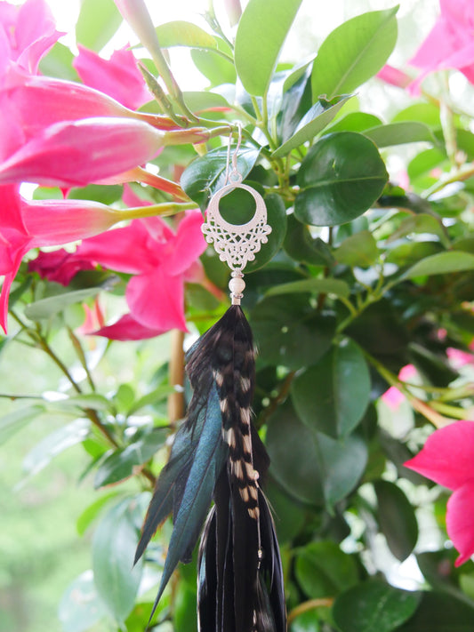 Bohemian Goddess - Twilight - Long single feather earring with dark and patterned feathers and silver plated brass chandelier.