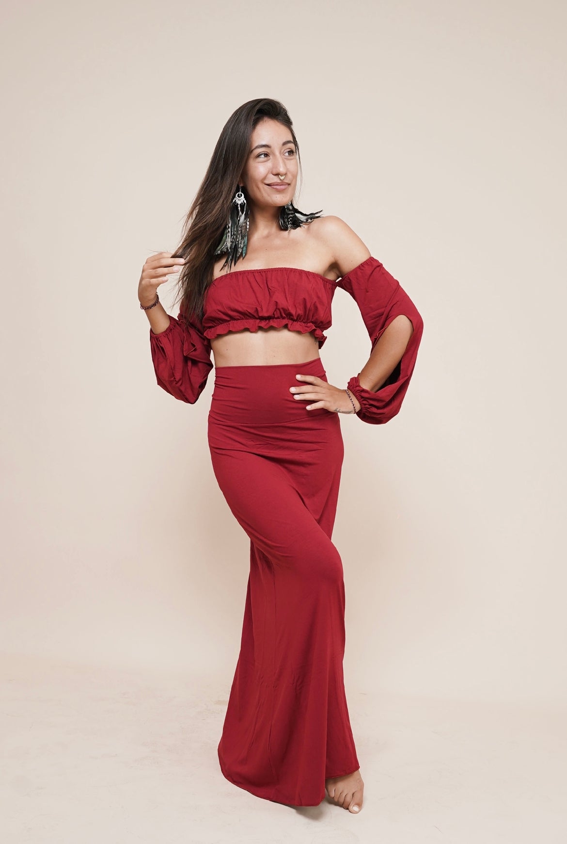 Off shoulder puffy sleeve boho top named Liberate with Enchanted high waist skirt with adjustable bow in the back in color: Scarlet, by Bohemian Goddess, goddess clothing and adornments for women.