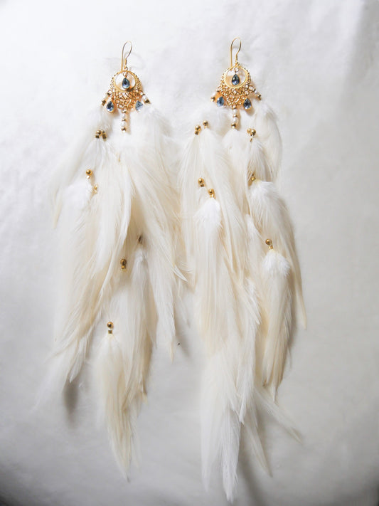 Bohemian Goddess earrings named My truth sets me free with Blue Topaz crystals and white feathers.