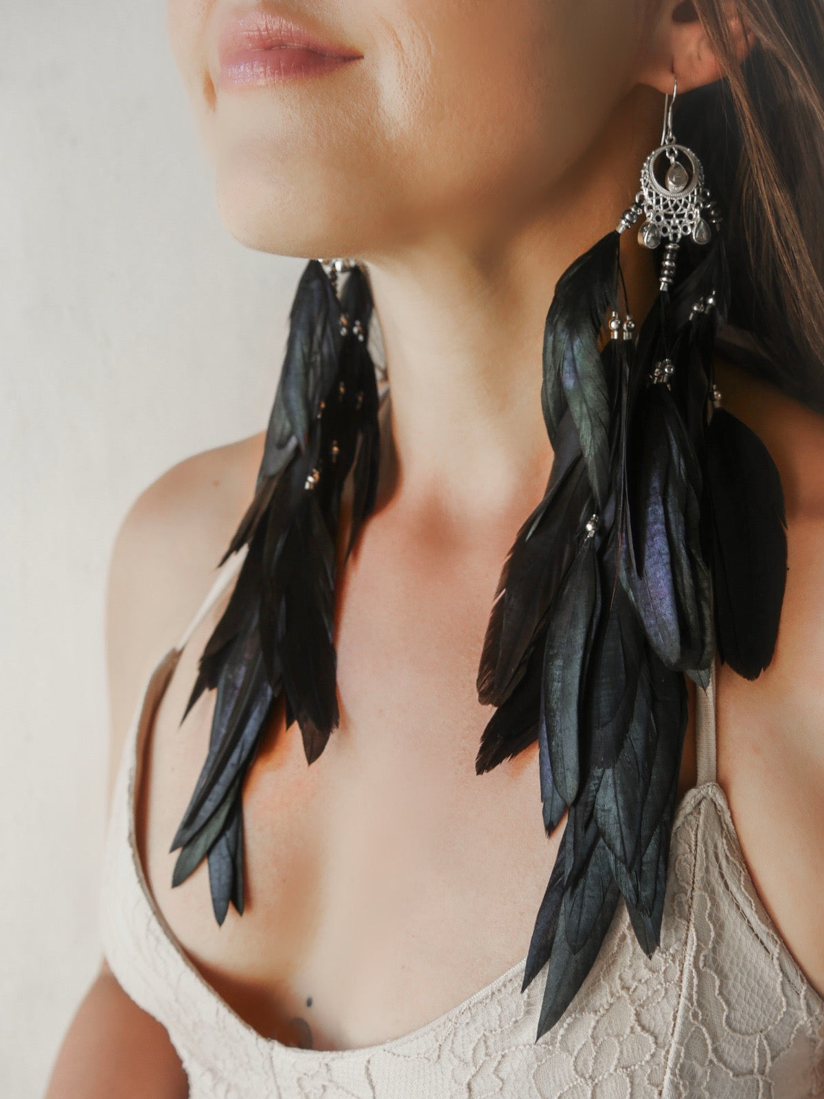 Bohemian Goddess long feather earrings named My intuition is my superpower with Labradorite crystals