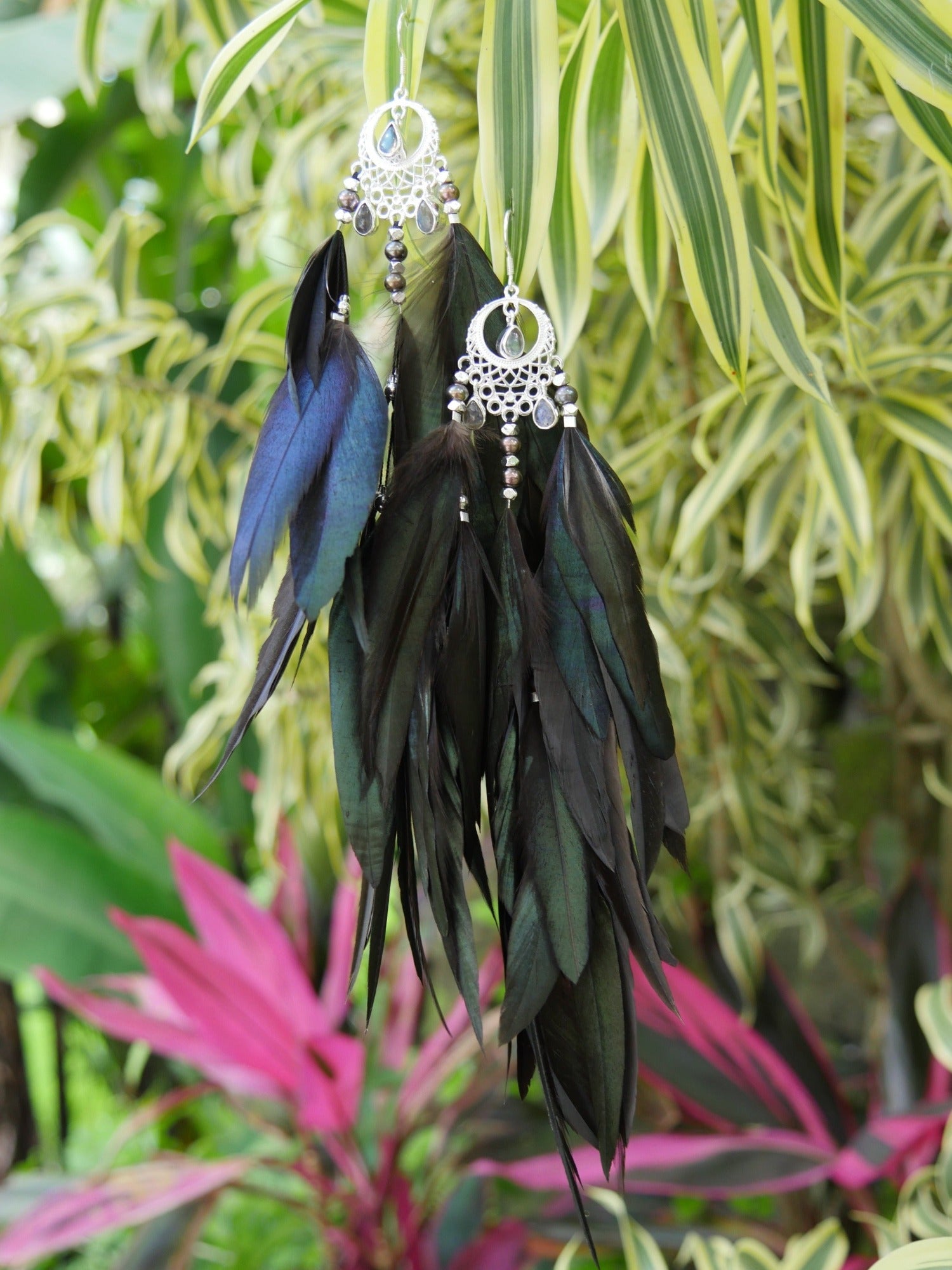 Bohemian Goddess Crystal Feather Jewelry I My intuition is my superpower - Labradorite feather earrings