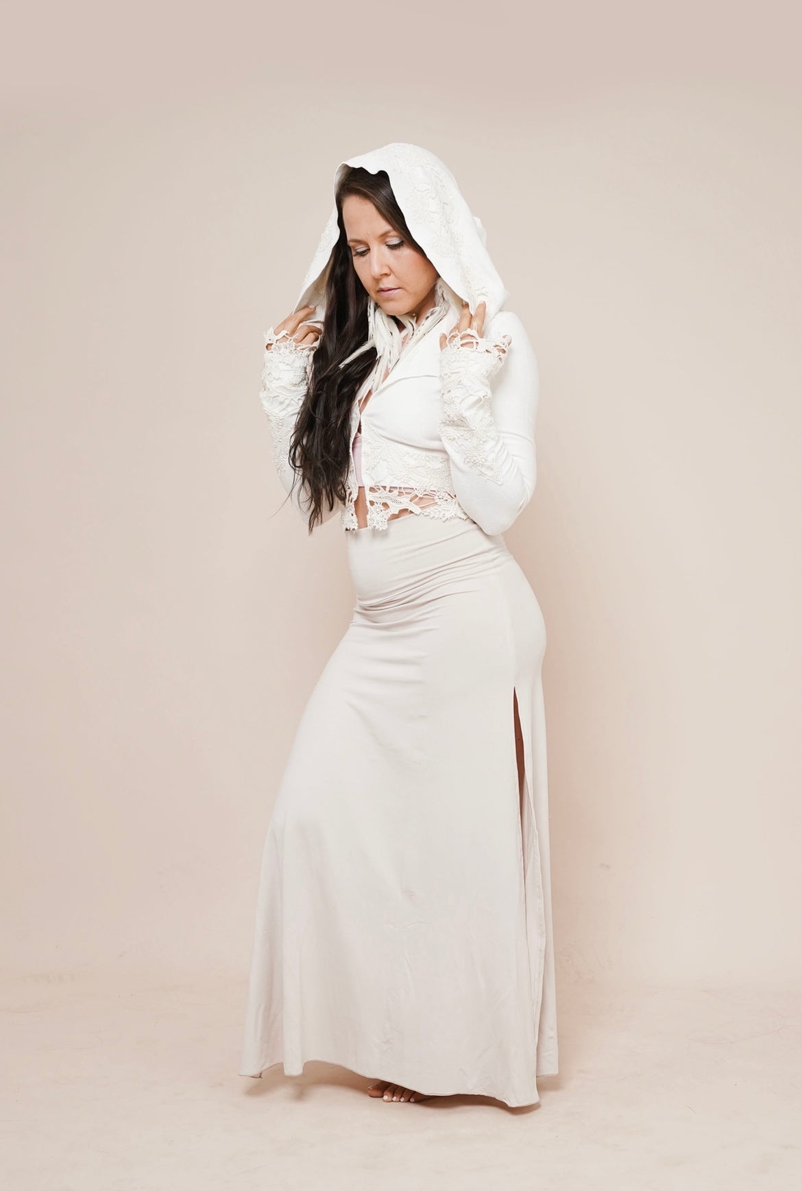 Soft and comfortable bamboo hoodie with lace details named Illuminated combined with our Harmony - skirt with sidecuts. Goddess wear, women's clothing and fashion by Bohemian Goddess I Color: white I www.bohemiangoddess.com