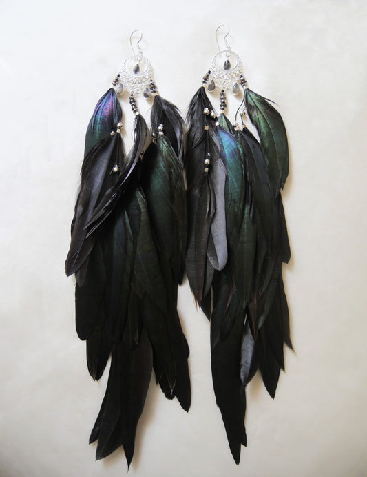 Long black-green emerald feather earrings with labradorite stones and silver accents